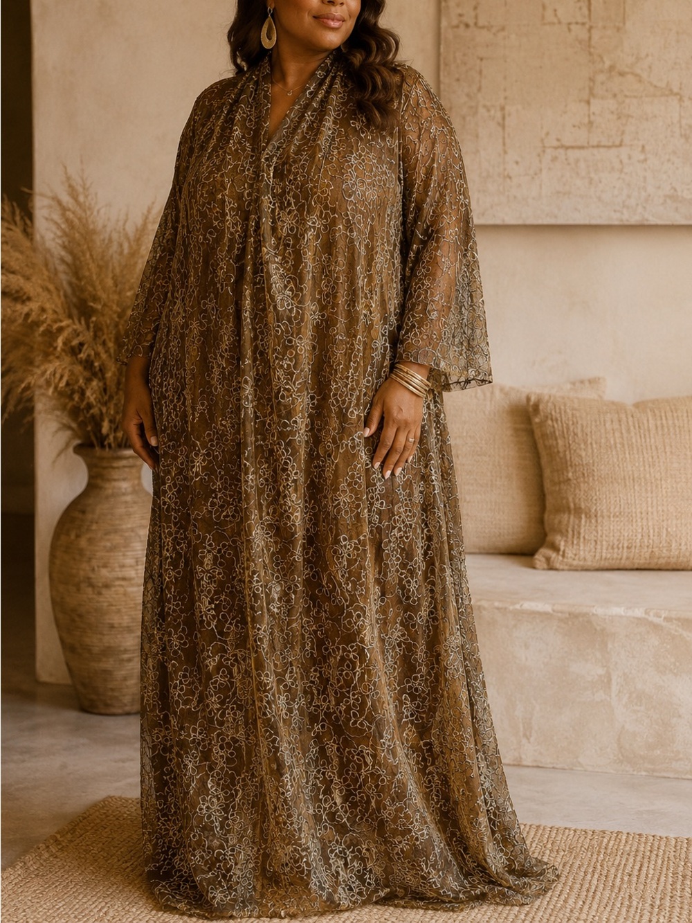 Vintage Parsinen Design Gold Metallic Sheer Embroidered Maxi Duster Kimono